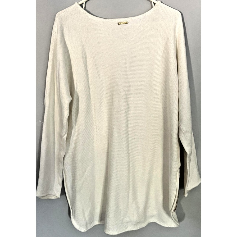 Michael Kors Sweater Women XL Ivory Knit Pullover Gold Zipper Detail Lightweight